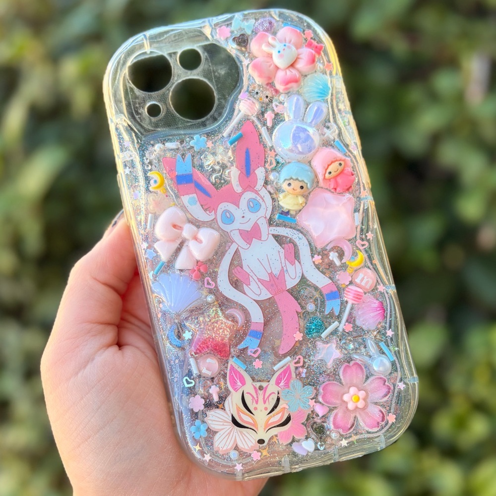 Cute kawaii pink and white Sylveon I phone 13 custom resin phone case junk case